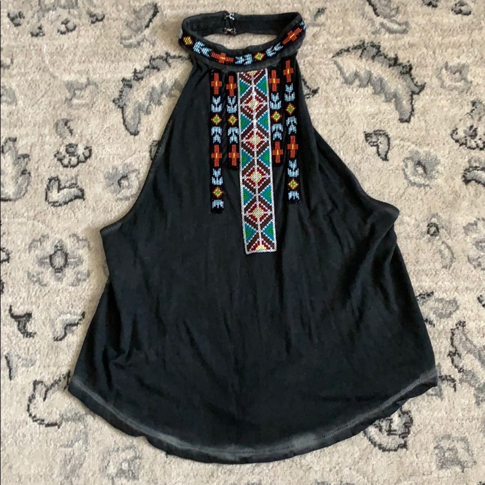 Beaded & embroider detail halter top w/ open back